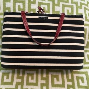Vintage Kate Spade “Hayden”  Black/Cream Striped Tote Burgundy Handles & bottom